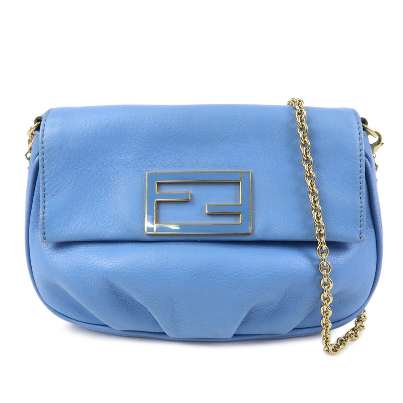 FENDI Leather Chain Shoulder Bag Crossbody Bag Light Blue 8M0276 Auth Used F/S