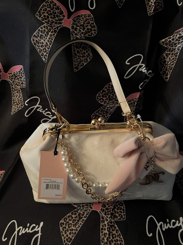 Juicy Couture cream velour Kiss Lock Top Handle Pink Bow Pearl Charms