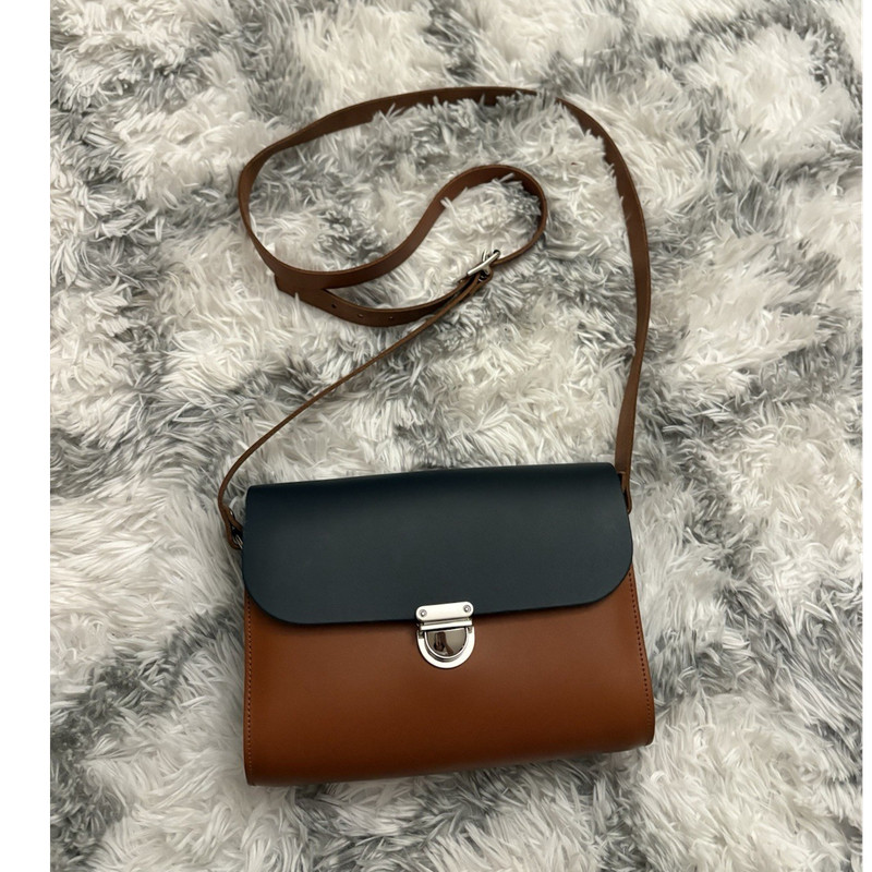Cuyana Small Brown/Black Solid Rectangle Crossbody Bag Silver Buckle Strap
