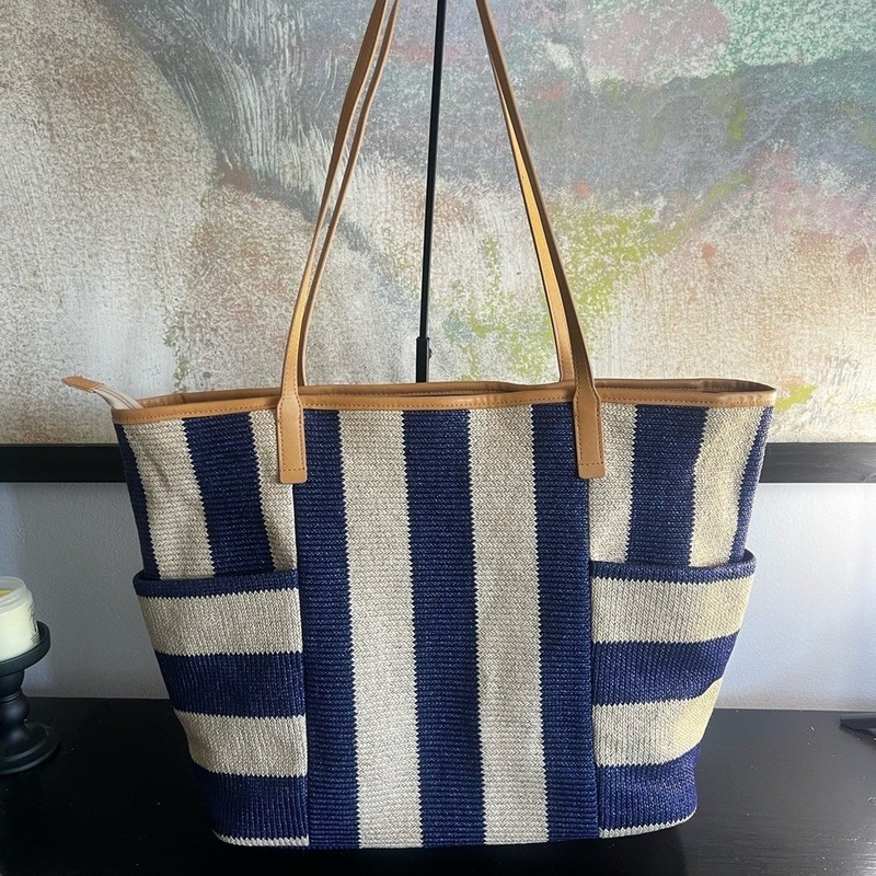 Vera Bradley Navy and Cream Floral-Embroidered Straw Tote with Tan Handles gallery