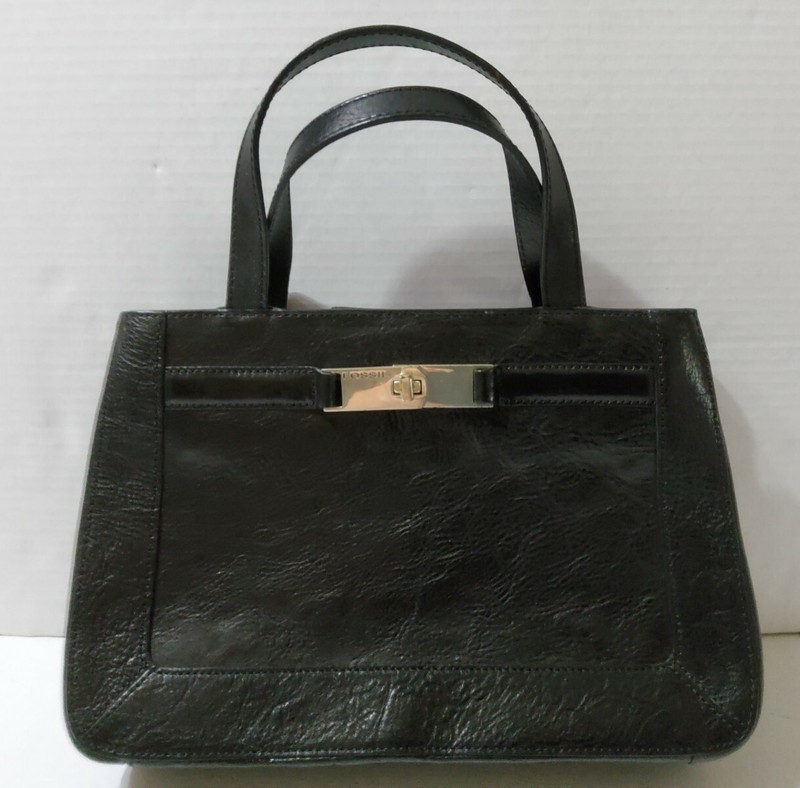 Fossil 1954 Key Turn Lock Black Leather Handbag Purse 12×8 Snap Closure Zippers