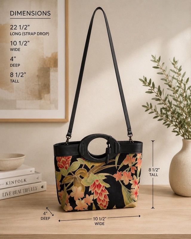 Vintage Fossil Y2K Floral clutch Wooden Handles Black Leather detachable strap