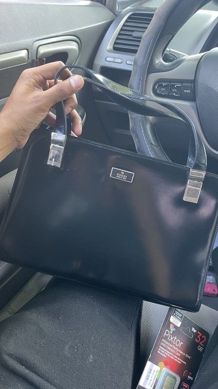 Gucci Black Patent Logo Satchel Top Handle Bag Zip Silver Hardware Lined