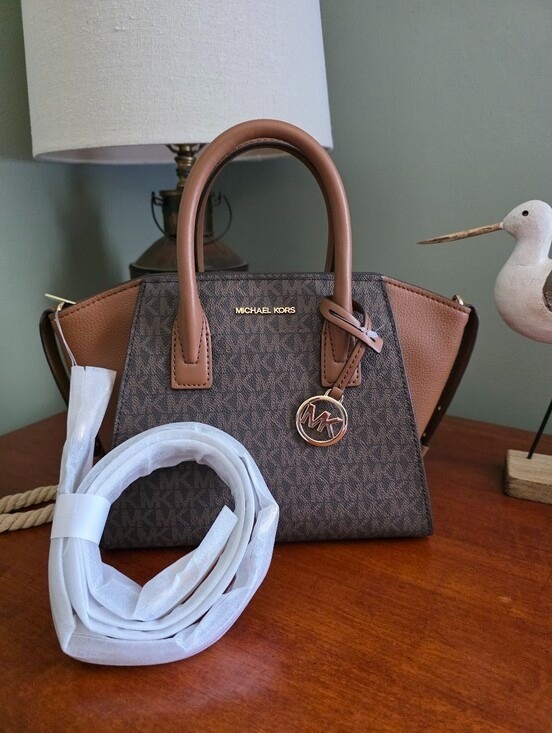 Michael Kors Avril Small Satchel Crossbody Brown MK Signature Coated Canvas Bag