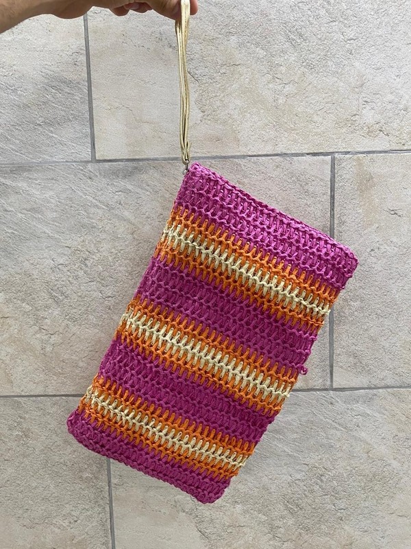 Woven Straw Clutch Bag Pink Orange Beige Summer Wristlet Zip Pouch Beach Boho