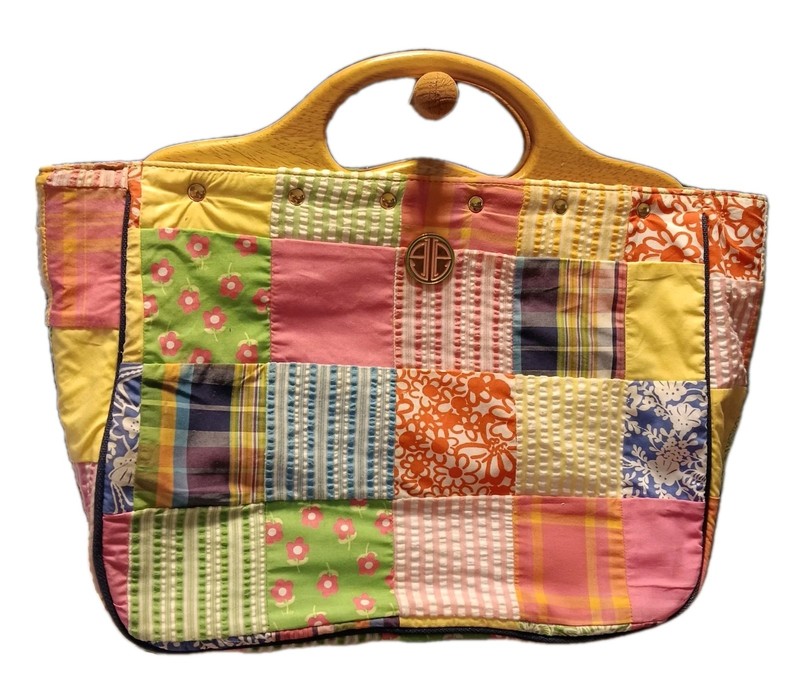 Lilly Pulitzer Patchwork Bag Wooden Handle Rare Multcolor 100% Cotton
