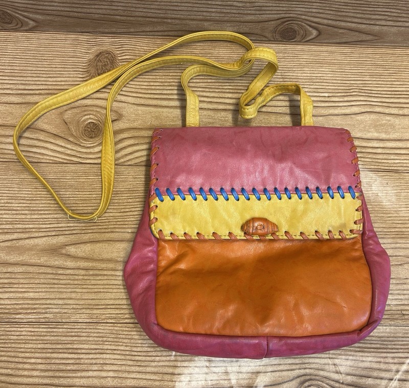 VTG SAMIR Leather Handbag Purse Pop Art High Fashion Funky Pink Orange Yellow