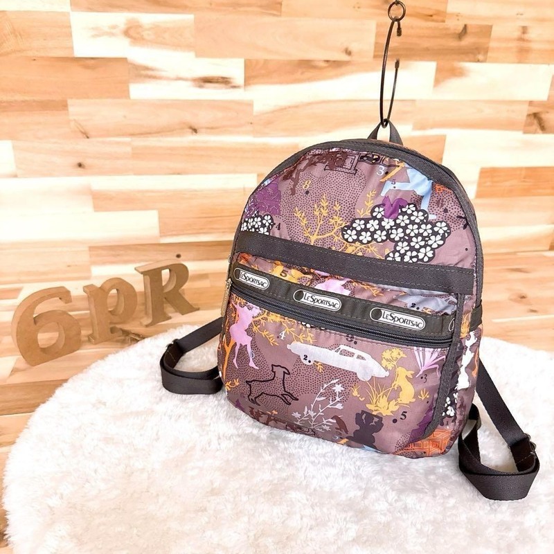 Rare LeSportsac Flower Animal Art Mini Backpack Brown × Orange