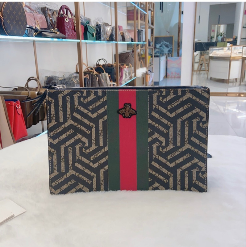 Authentic Gucci Logo Canvas Clutch with Bee Coated Canvas Clutch Black Black