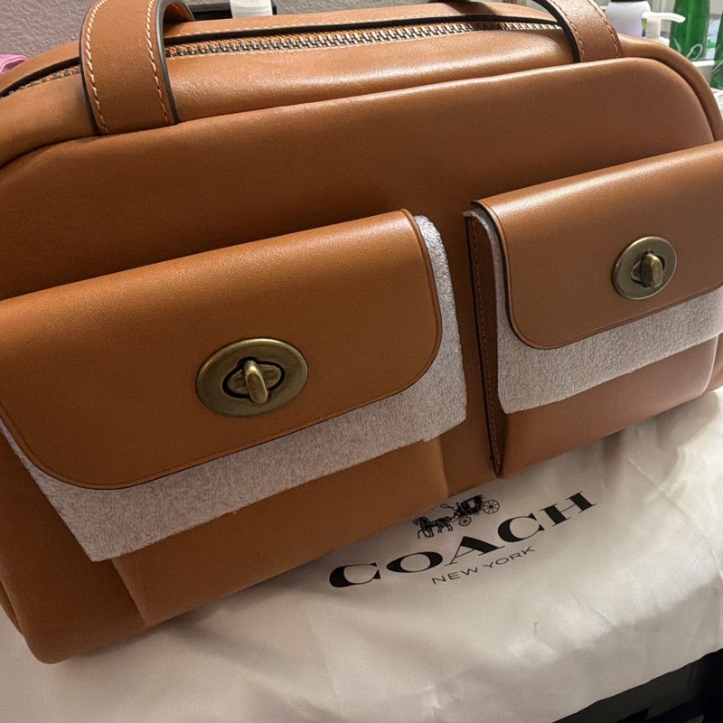 Coach Brown Satchel Top Handle Bag Turn Lock Zip Outer Pockets Gold Dust Bag