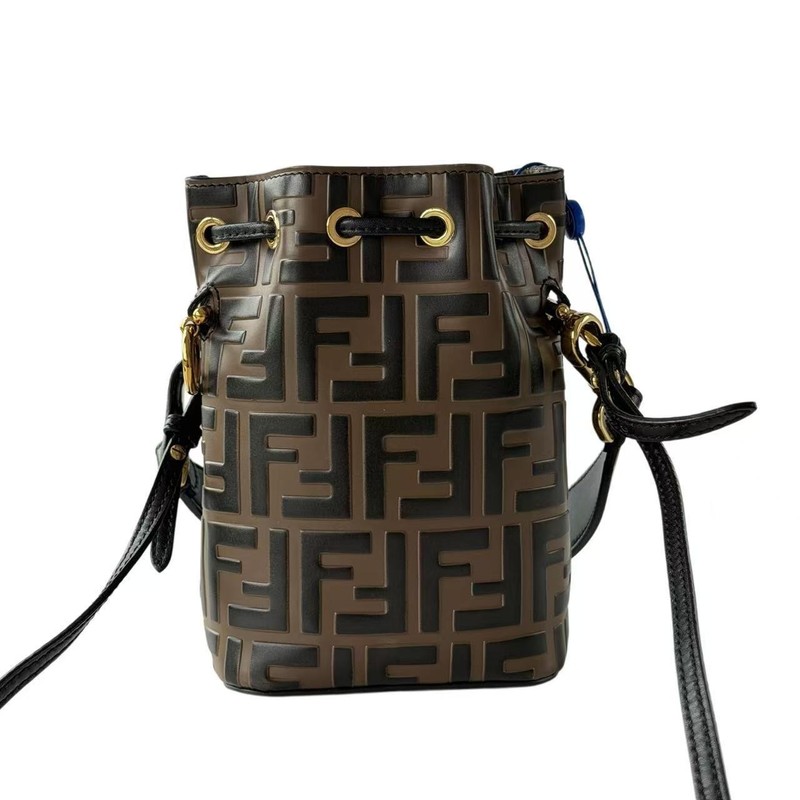 Fendi FF Monogram Small Bucket Bag Brown Embossed Drawstring Crossbody