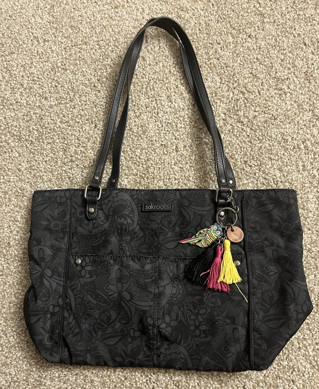Sakroots Black Floral Tote Bag Zip Top Lined Pockets Owl Charm Silver Hardware
