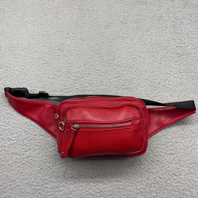 Red Faux Leather Fanny Pack Waist Bag Multi-Pocket Adjustable Strap Crossbody