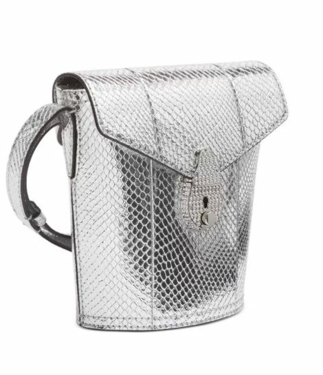 Calvin Klein Bucket Crossbody Silver Snake Embossed Leather Rhinestone Push Lock
