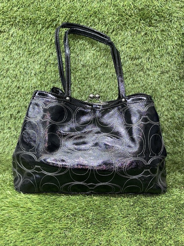 Coach F19215 Black Stitch Signature Patent Leather Frame Kiss lock Shoulder Bag gallery