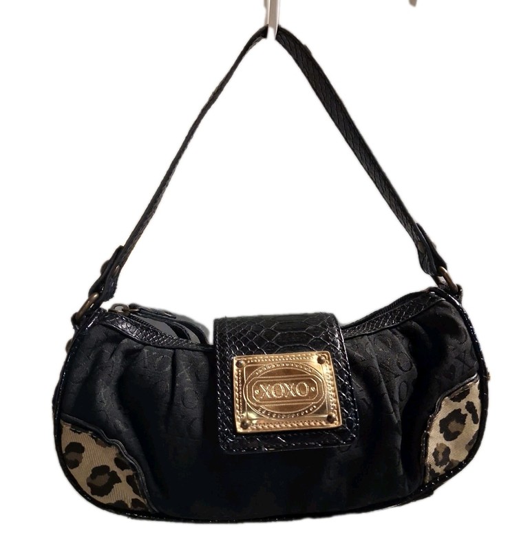 Vtg Y2K XOXO Baguette Shoulder Bag Purse Animal Leopard Wedged Sachel XOXO Logo
