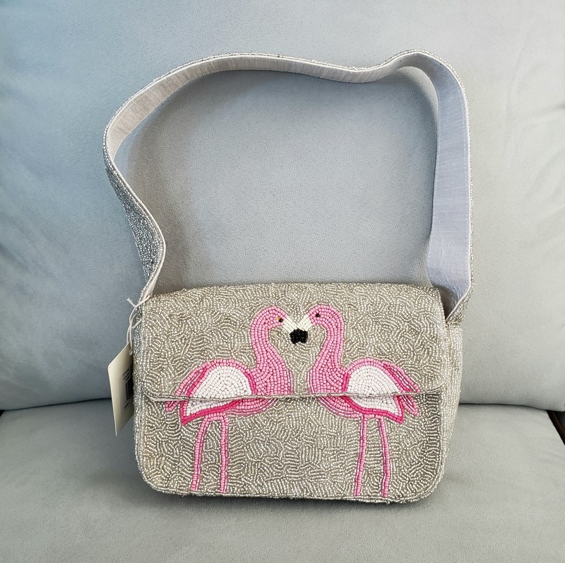 NWT Sol and Mer Beaded Shoulder Bag Purse Pink Flamingos Birds Handmade in India