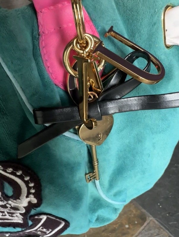 Juicy Couture Vintage Green And Pink Tote Shoulder Bag Polka Dot Scarf Bag Charm gallery