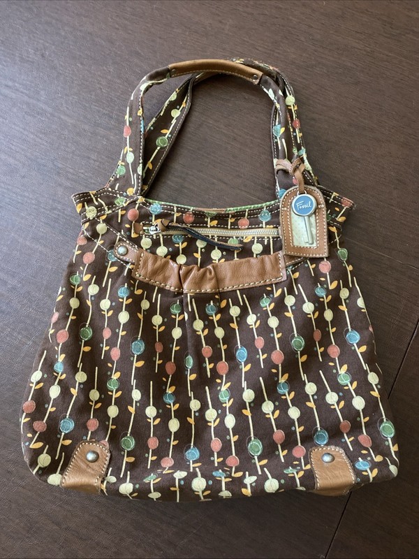 Vtg FOSSIL Key-Per Shoulder Tote Bag Purse Canvas Leather Trim Brown Mixed Y2K