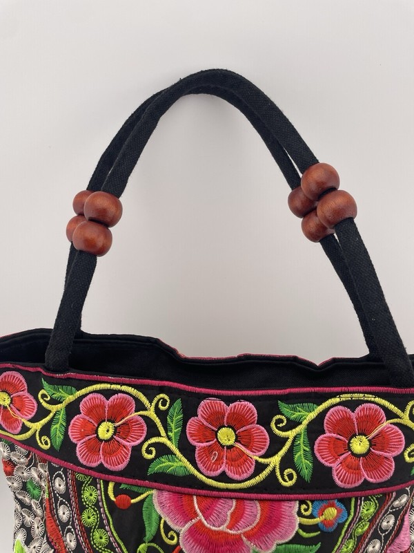 Embroidered Handbag Black With Vibrant Colorful Flowers On Both Sides Zippered gallery