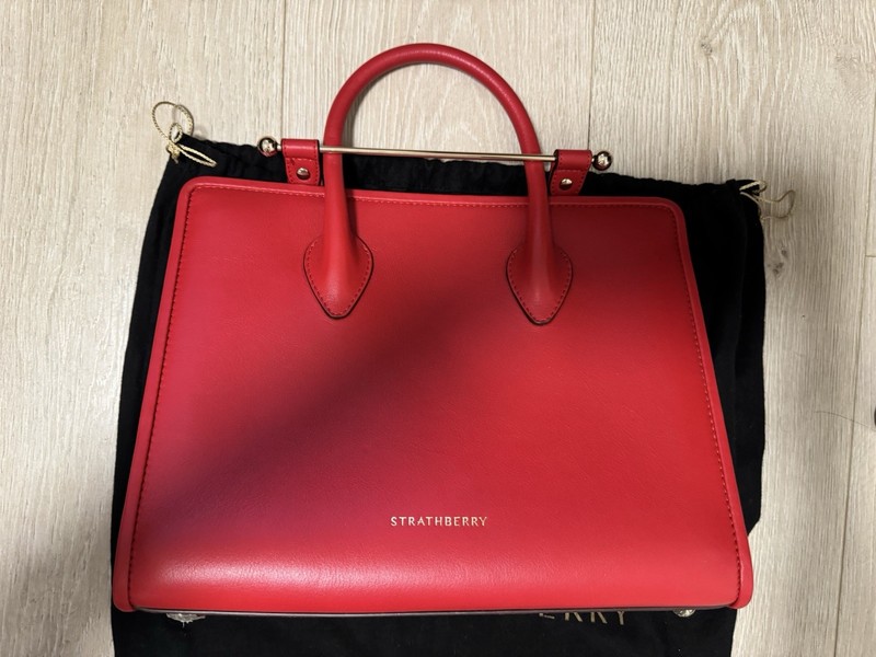 Strathberry Red Medium Top Handle Satchel Magnetic Gold Hardware Strap Dust Bag