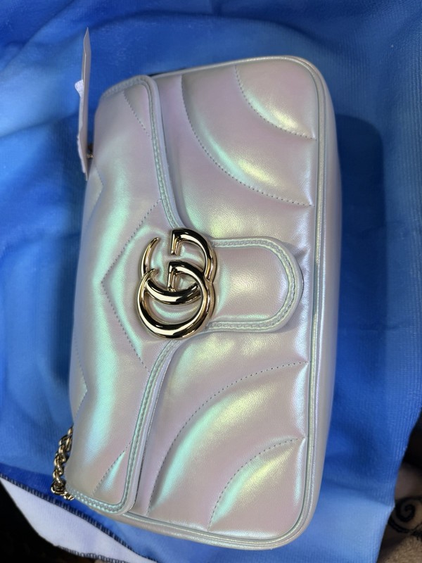 Gucci GG Logo Marmont Small White Iridescent Quilted Chain Flap Bag