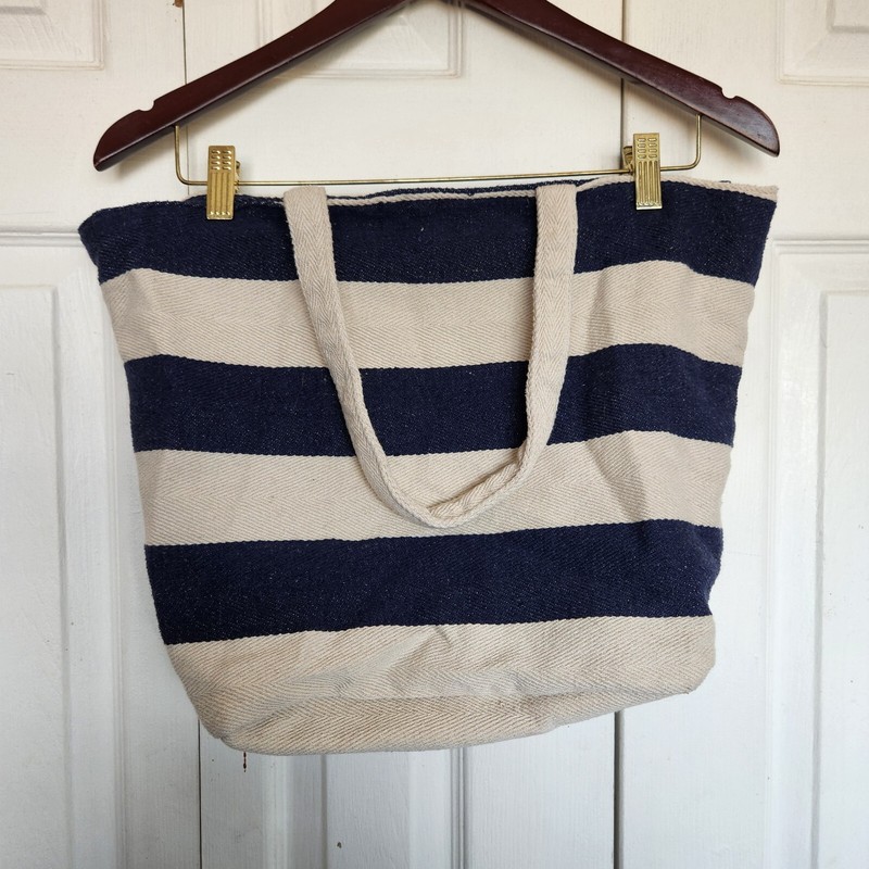 West Loop Canvas Striped Beach Tote Bag - Blue Tan - Lined Snap Close Pocket gallery