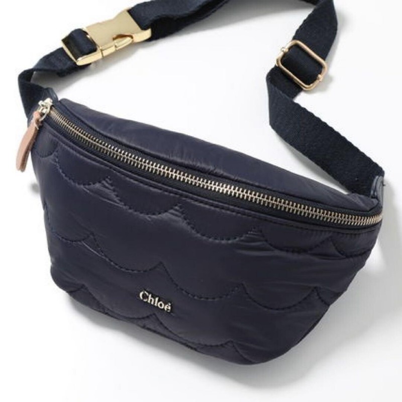 Chloe Navy Quilted Nylon Waist Bag Goldtone Wavy Design Adj Strap Auth
