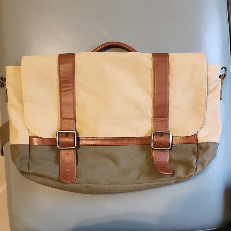 Merona Messenger Bag Beige/Green/Brown Snap, Adjustable Strap, Pockets