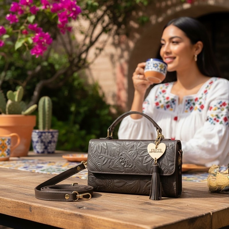 Dark Chocolate Brown Sunflower Embossed Tooled Artisan LEATHER Crossbody Purse