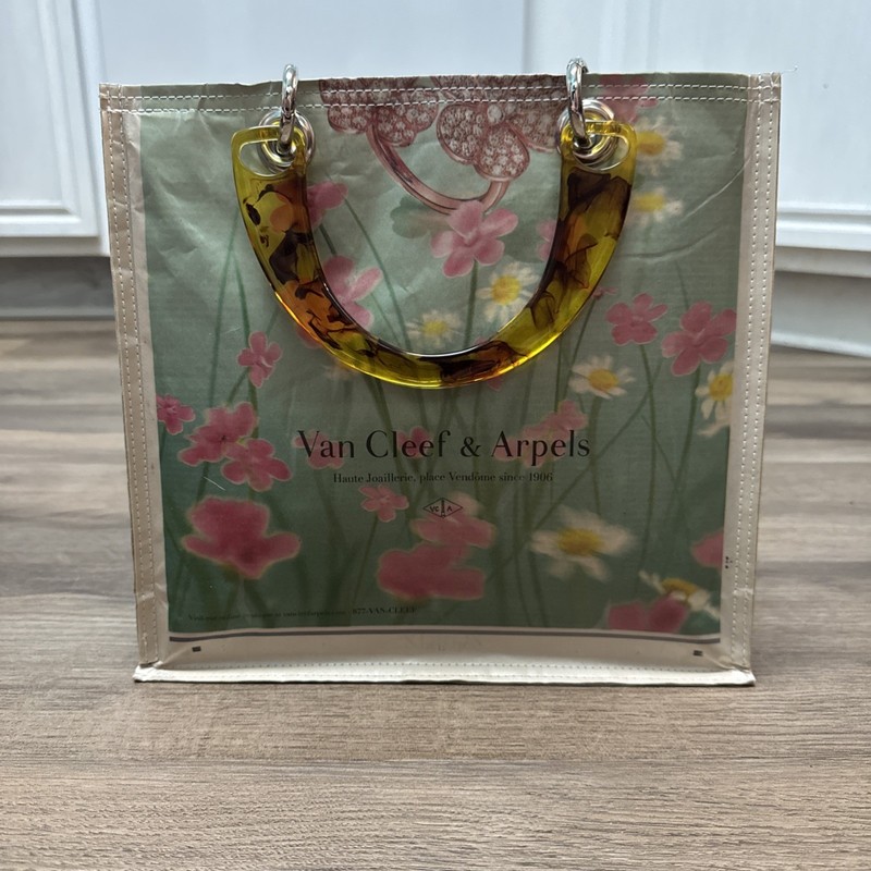 Couture Planet Van Cleef Arpels Newspaper Tote Bag Lucite Handles Upcycle Stella