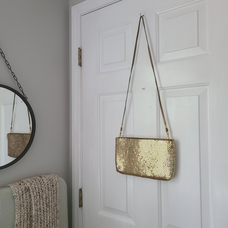 Shimmering Mesh Zipper Crossbody Purse Sz S 11″ Gold Evening Classic Retro