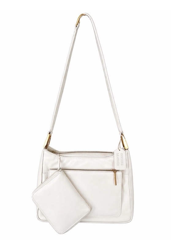 Genuine Leather Shoulder Bag + Matching Wallet (Cream/Ivory)