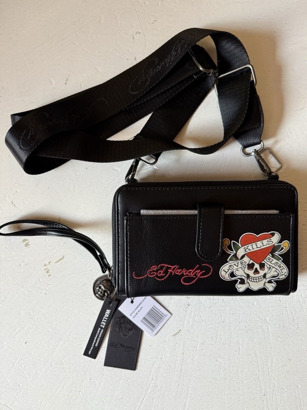 Ed Hardy Iconic Tattoo Black “Love Kills.” Crossbody Wristlet Wallet Purse 2 Zip