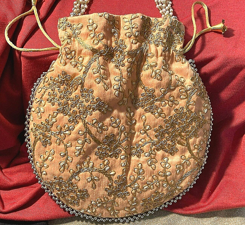 ORANGE COTTON POLTI BAG-India Handmade Gota Embroidered-Beaded Drawstring-NEW gallery