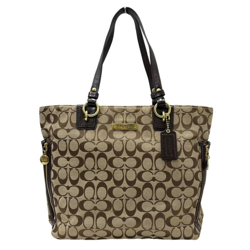COACH Signature Shoulder Bag F19388 Beige Dark Brown Canvas Leather Tote Bag Lad