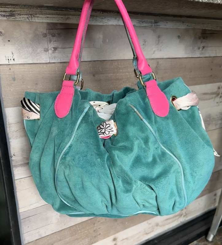 Juicy Couture Vintage Green And Pink Tote Shoulder Bag Polka Dot Scarf Bag Charm gallery