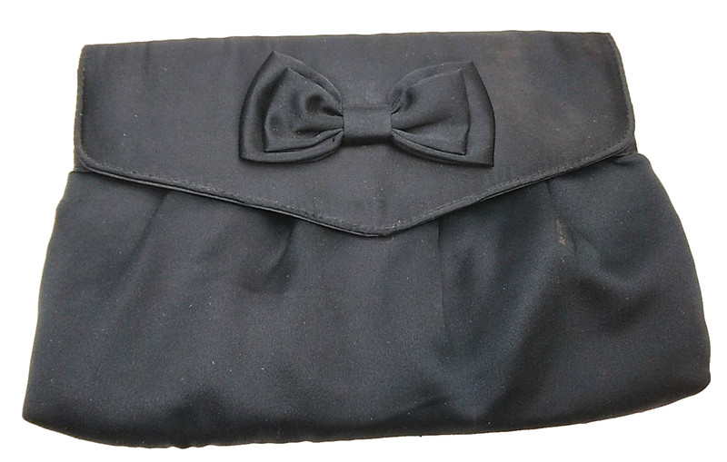 Black Satin Clutch Fold Over Purse Black Bow Size 10 1/2″ by 7 1/2″