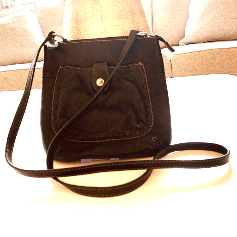 Vintage Fossil Y2J Genuine Leather Black Crossbody Handbag Long Strap 1990s