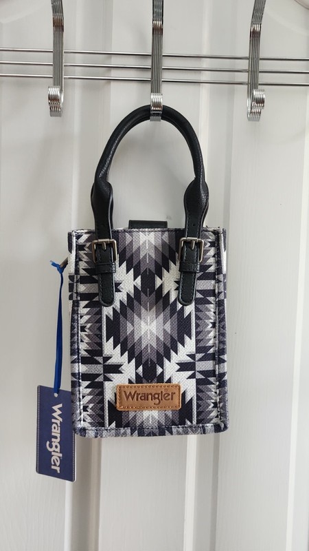 NWT! Boho Wrangler Western Aztec Small Canvas Crossbody Tote Bag Blk & Wh gallery