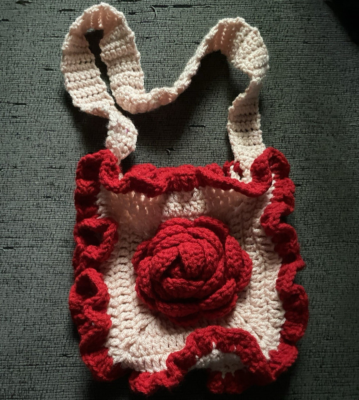 Handmade Women’s Red & Salmon Crochet Shoulder Bag with Rose & Ruffle Accents