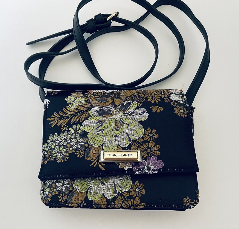 Tahari Ladies Purse Shoulder Bag Black Floral Flower Embroidered 5 by 7 Inches