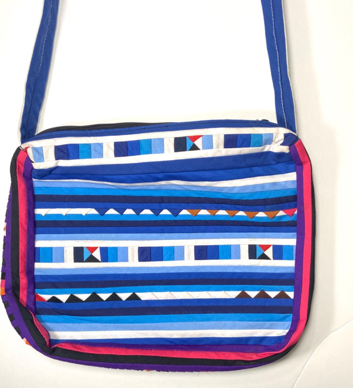 Handmade Textile in Blues Crossbody Bag Multicolor Quilted Zipper Lined 12×9 New