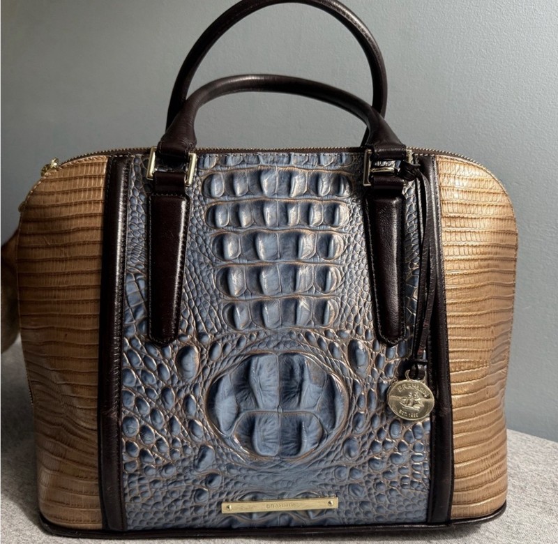 Brahmin Crocodile Embossed Satchel – Blue Brown, Gold Hardware, Top Handle
