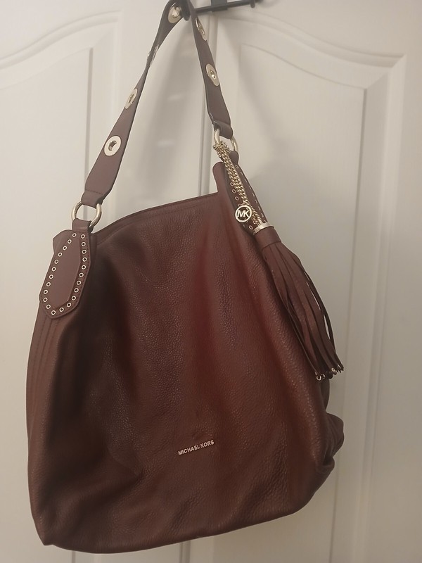 Michael Kors Brooklyn Pebbled Leather OxBlood/Burgundy LARGE Tasseled & MK Logo gallery