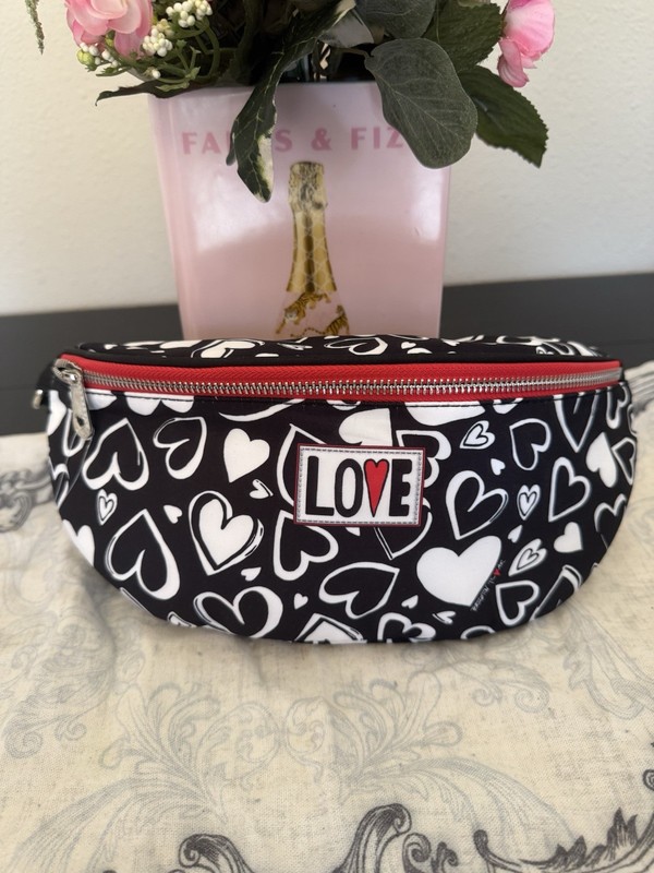 Black White Red Heart “LOVE” Belt Bag Fanny Pack Zip, Adjustable Crossbody