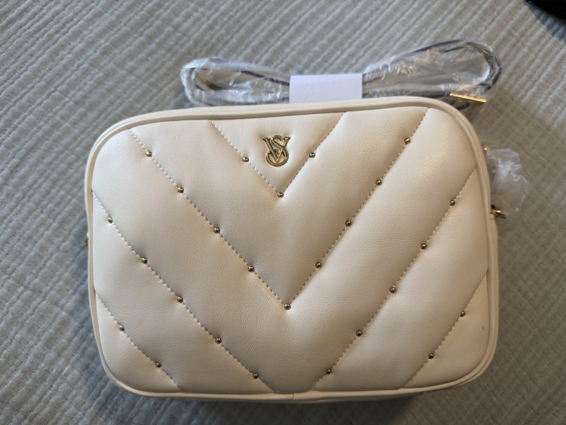 Victoria’s Secret Ivory Quilted Studded Shoulder Bag Gold Hardware