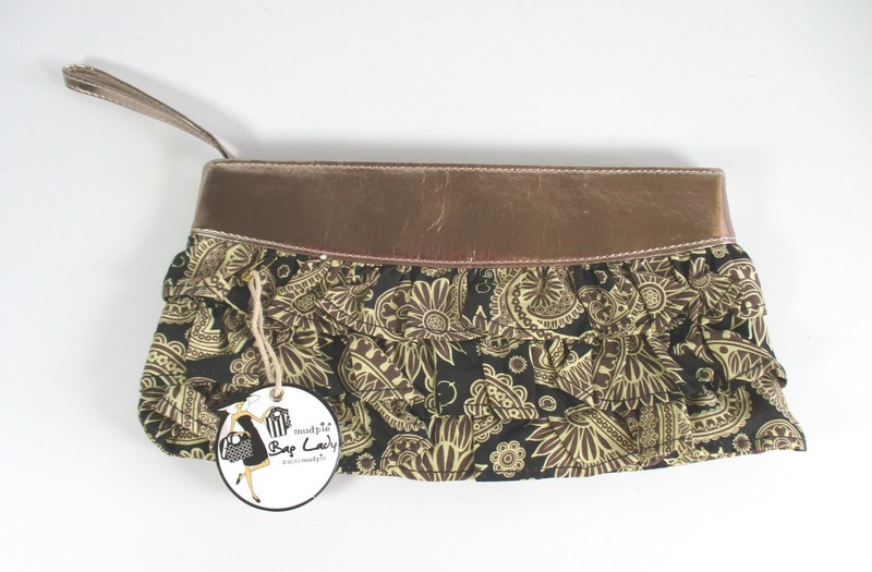 Mud Pie Wristlet Clutch Black Brown Paisley Ruffle Metallic Rose Gold Trim NWT