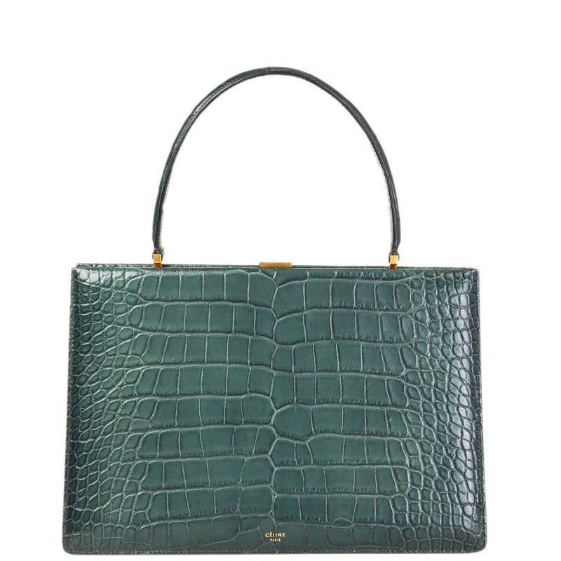 63581 auth CELINE Cypress green CROCO MEDIUM CLASP Top Handle Bag