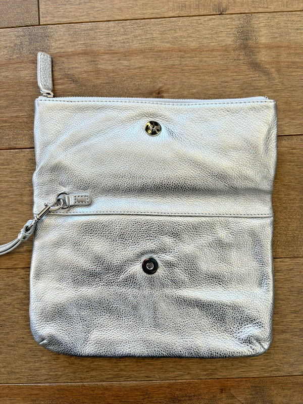 Talbots Pebbled Leather Foldover Metallic Silver Clutch NWOT Event Glam Classic gallery